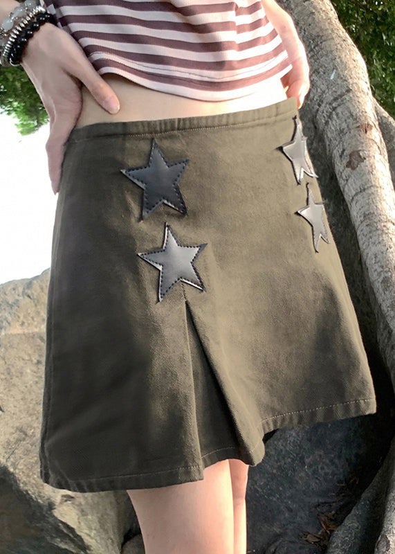 Modern Army Green Zippered High Waist Patchwork Denim Skirts Fall