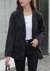 Modern Black Notched Pockets Patchwork Denim Coats Long Sleeve