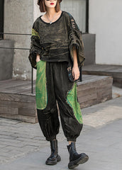 Modern Black O-Neck asymmetrical design Patchwork Denim tops and harem pants Two Piece Set