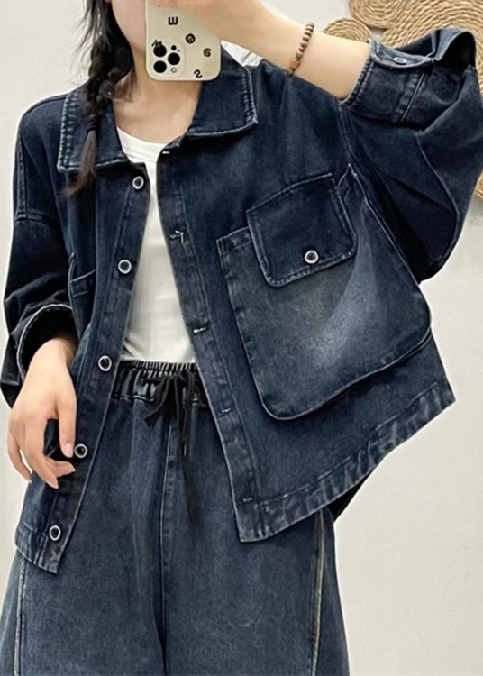 Modern Blue Button Pockets Patchwork Denim Coat Fall