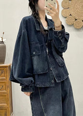 Modern Blue Button Pockets Patchwork Denim Coat Fall