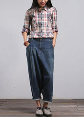 Modern Blue Casual Pockets Wrinkled Fall Harem Denim Pants