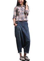 Modern Blue Casual Pockets Wrinkled Fall Harem Denim Pants