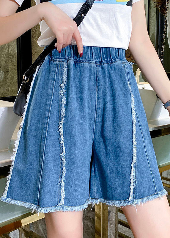 Modern Blue Elastic Waist Patchwork Tassel Cotton Denim Hot Pants