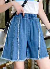 Modern Blue Elastic Waist Patchwork Tassel Cotton Denim Hot Pants