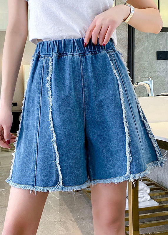 Modern Blue Elastic Waist Patchwork Tassel Cotton Denim Hot Pants