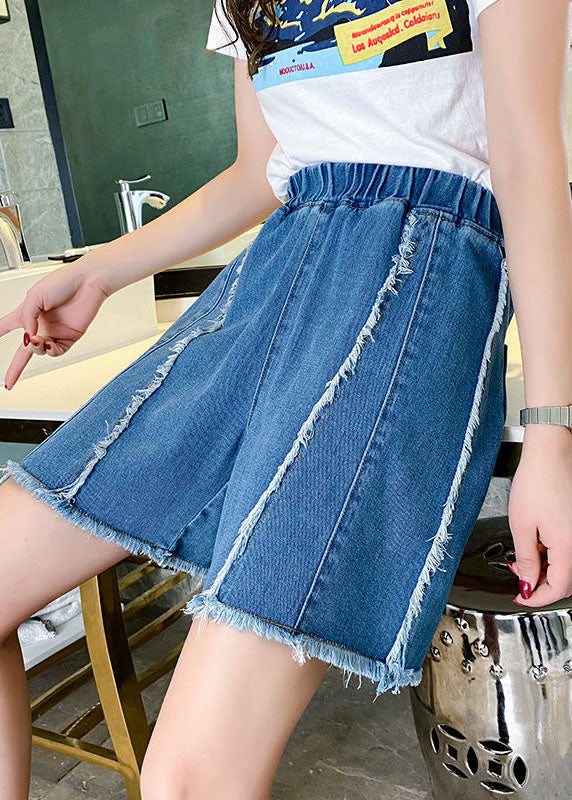 Modern Blue Elastic Waist Patchwork Tassel Cotton Denim Hot Pants