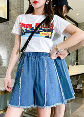 Modern Blue Elastic Waist Patchwork Tassel Cotton Denim Hot Pants