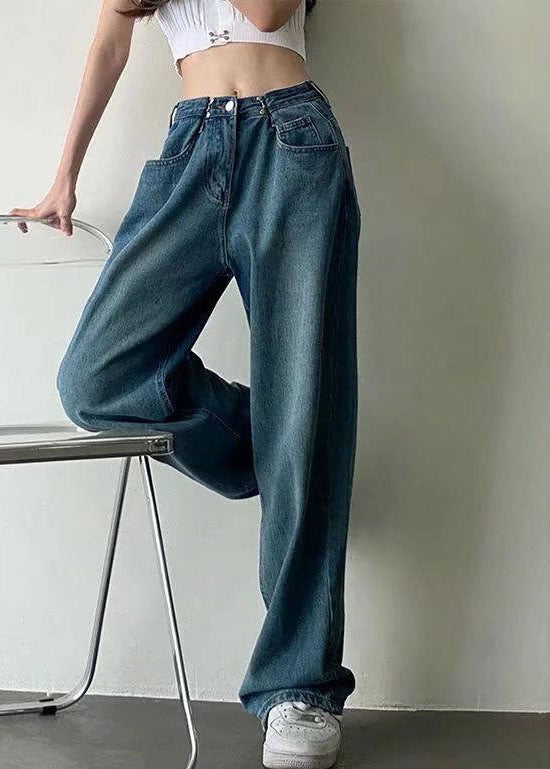 Modern Blue High Waist Draping Pockets Cotton Denim Wide Leg Pants