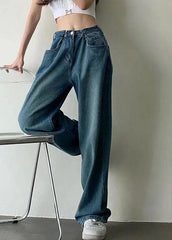 Modern Blue High Waist Draping Pockets Cotton Denim Wide Leg Pants