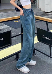 Modern Blue High Waist Draping Pockets Cotton Denim Wide Leg Pants