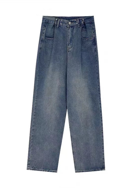 Modern Blue High Waist Draping Pockets Cotton Denim Wide Leg Pants