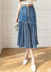 Modern Blue High Waist Sashes Asymmetrical Patchwork Cotton Denim Skirts