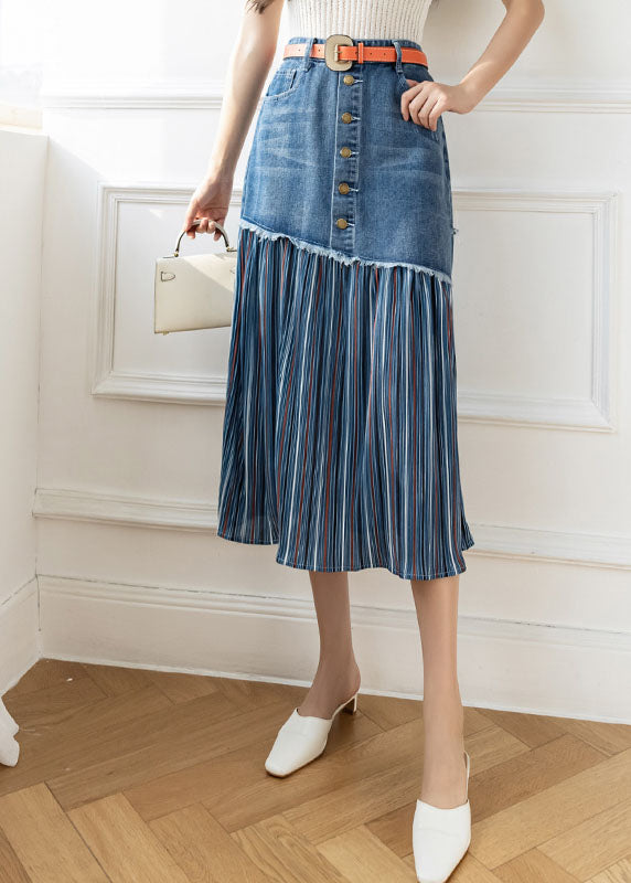 Modern Blue High Waist Sashes Asymmetrical Patchwork Cotton Denim Skirts