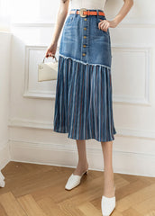 Modern Blue High Waist Sashes Asymmetrical Patchwork Cotton Denim Skirts