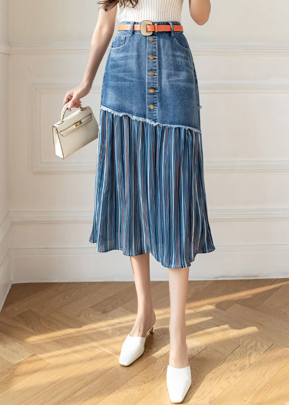 Modern Blue High Waist Sashes Asymmetrical Patchwork Cotton Denim Skirts