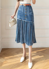 Modern Blue High Waist Sashes Asymmetrical Patchwork Cotton Denim Skirts