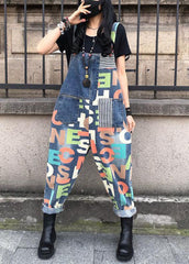 Modern Blue Letter Print Patchwork Denim Wide Leg Jumpsuits