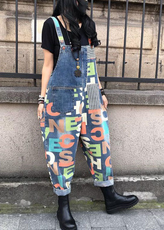 Modern Blue Letter Print Patchwork Denim Wide Leg Jumpsuits