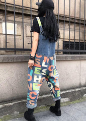 Modern Blue Letter Print Patchwork Denim Wide Leg Jumpsuits