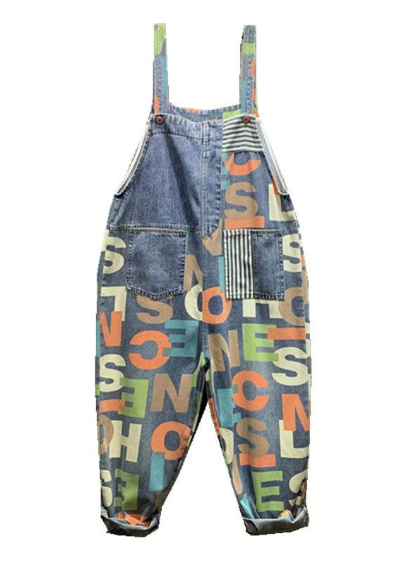 Modern Blue Letter Print Patchwork Denim Wide Leg Jumpsuits