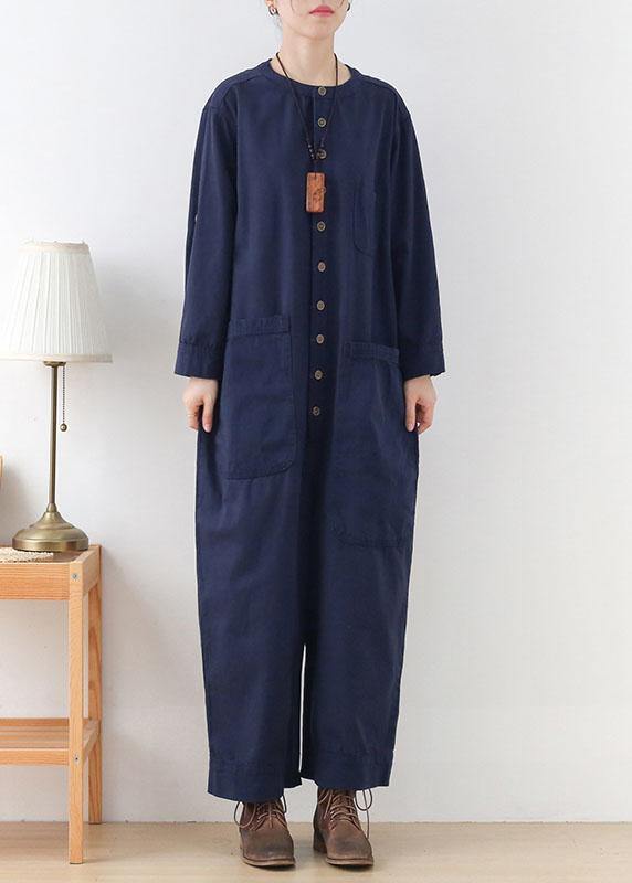 Modern Blue Loose Pockets Fall Button Denim Romper Sets