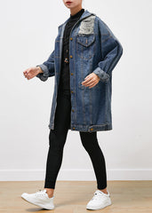 Modern Blue Oversized Denim Ripped Coat Outwear Fall