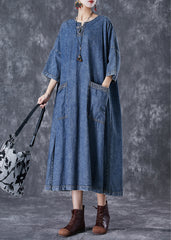 Modern Blue Oversized Pockets Chinese Button Denim Dresses