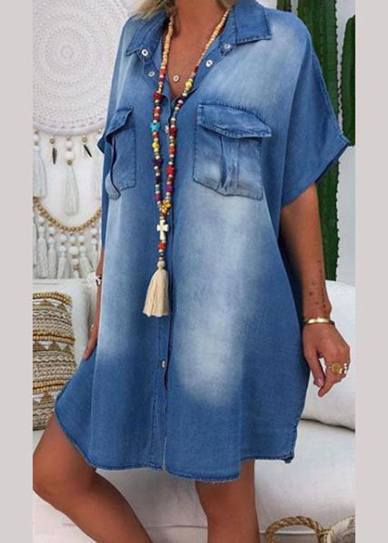 Modern Blue Peter Pan Collar Patchwork Denim Shirts Dress