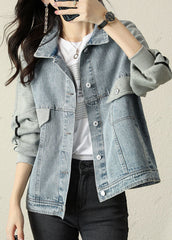 Modern Blue PeterPan Collar Button Patchwork denim Jacket