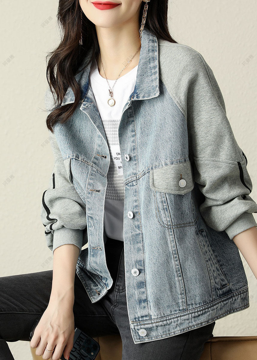 Modern Blue PeterPan Collar Button Patchwork denim Jacket