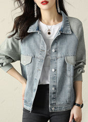 Modern Blue PeterPan Collar Button Patchwork denim Jacket