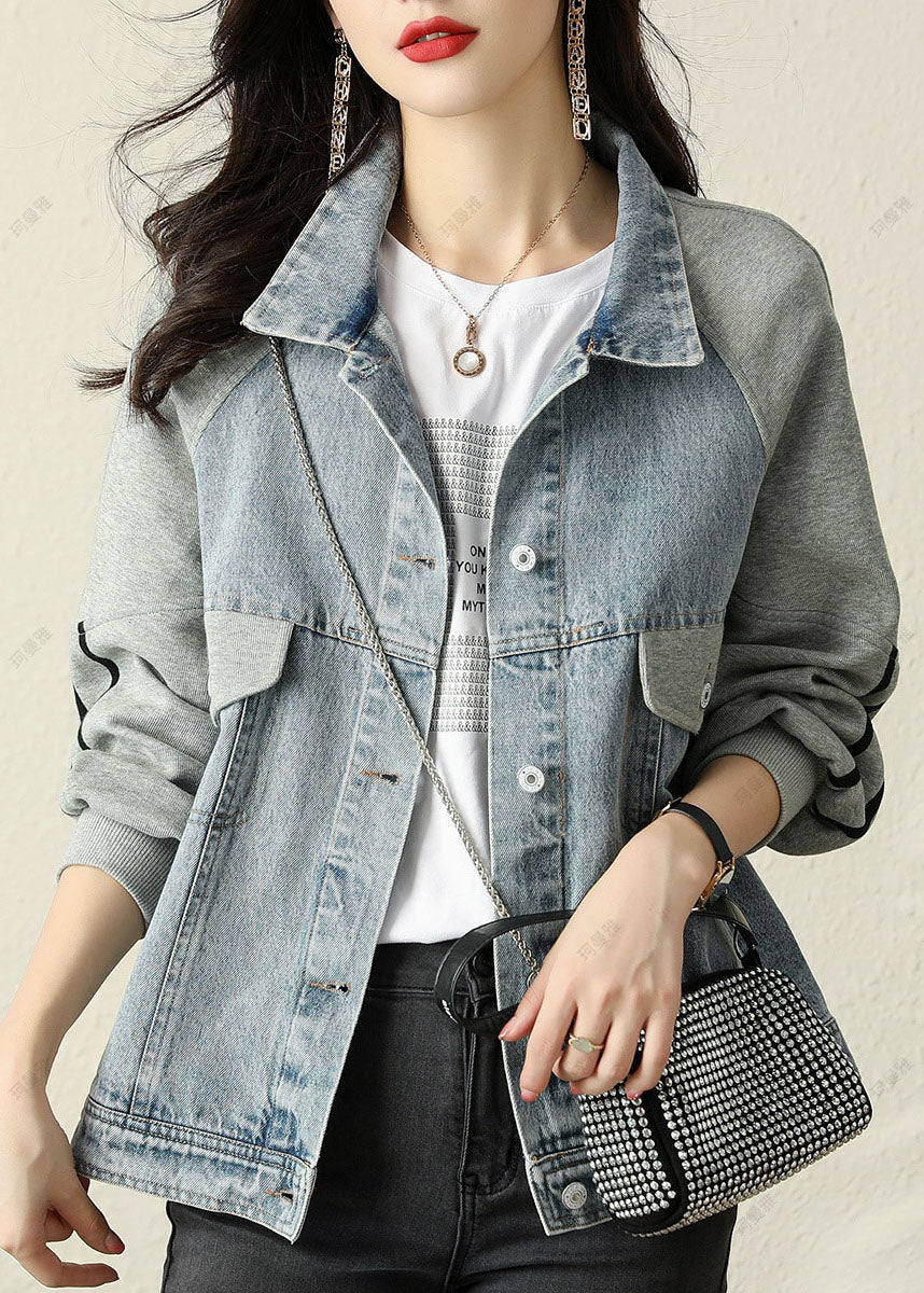 Modern Blue PeterPan Collar Button Patchwork denim Jacket