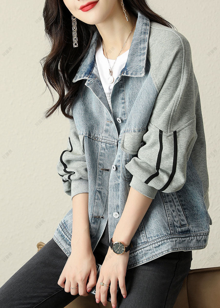 Modern Blue PeterPan Collar Button Patchwork denim Jacket