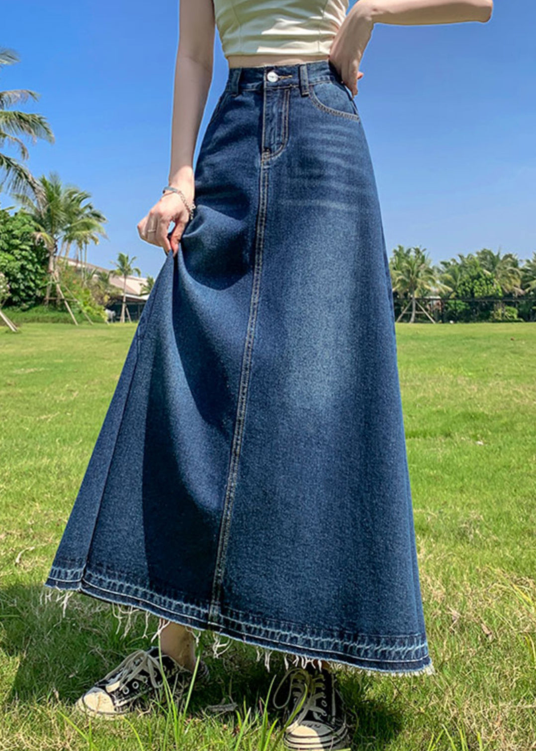 Modern Blue Pockets High Waist Patchwork Denim A Line Skirts