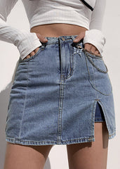 Modern Blue Pockets High Waist Patchwork Denim Skirts