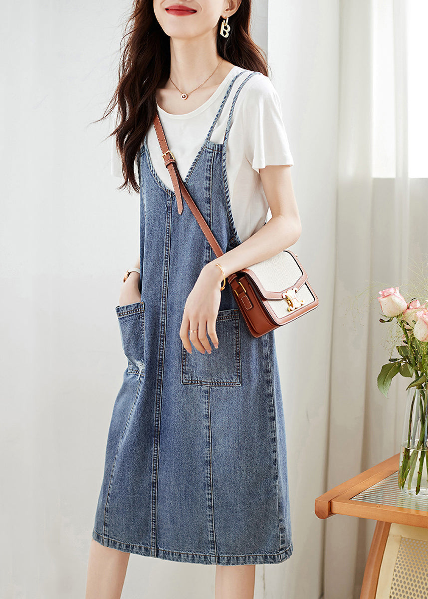 Modern Blue Pockets High Waist Patchwork Denim Two Piece Set