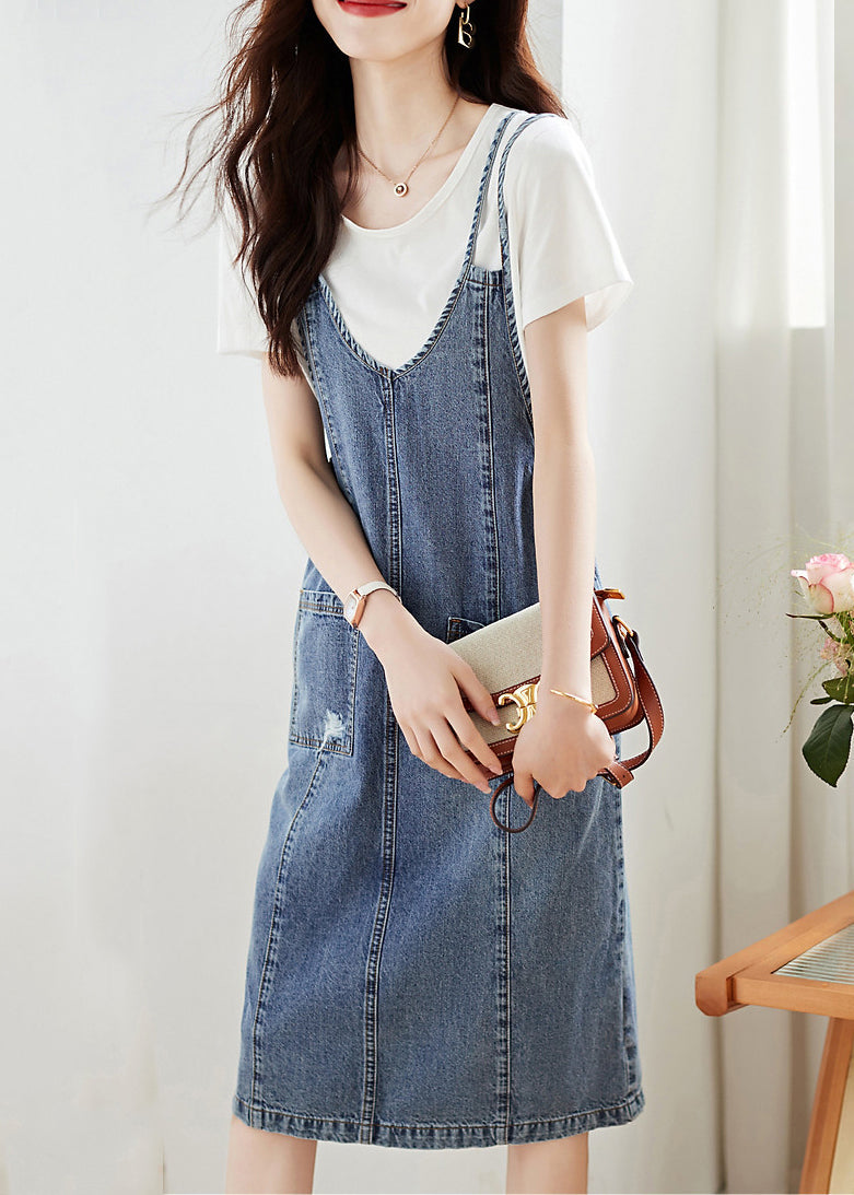 Modern Blue Pockets High Waist Patchwork Denim Two Piece Set