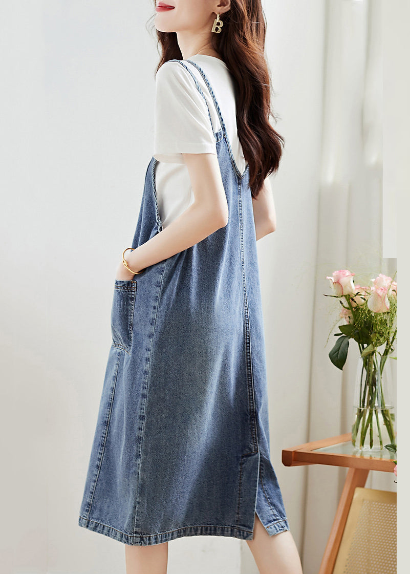 Modern Blue Pockets High Waist Patchwork Denim Two Piece Set