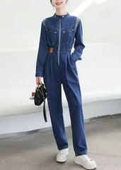 Modern Blue Pockets Zip Up Patchwork Denim Jumpsuit Fall