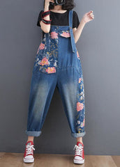 Modern Blue Print Patchwork Denim Straight Overalls Jumpsuit