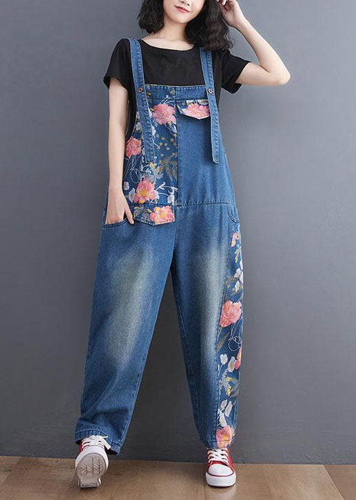 Modern Blue Print Patchwork Denim Straight Overalls Jumpsuit