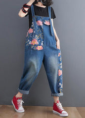 Modern Blue Print Patchwork Denim Straight Overalls Jumpsuit