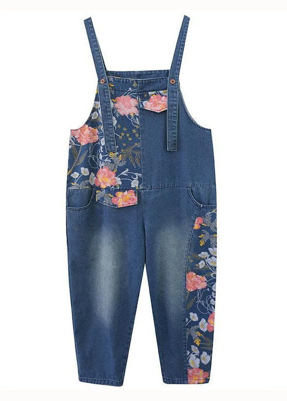 Modern Blue Print Patchwork Denim Straight Overalls Jumpsuit