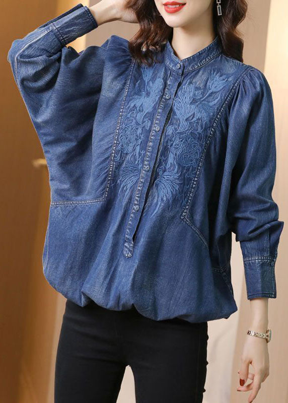 Modern Blue Stand Collar Embroideried Cotton Denim Coats Batwing Sleeve