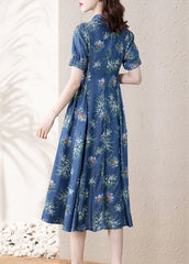 Modern Blue Stand Collar Print Exra Large Hem Cotton Holiday Denim Dresses Short Sleeve