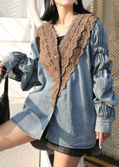 Modern Blue V Neck Wrinkled Lace Patchwork Denim Shirts Coat