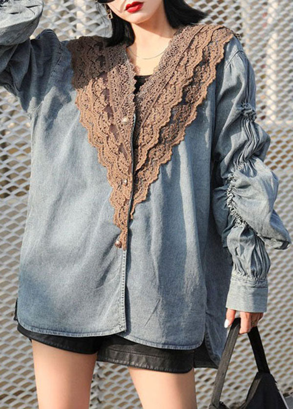 Modern Blue V Neck Wrinkled Lace Patchwork Denim Shirts Coat