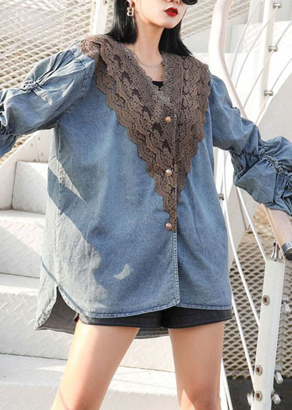 Modern Blue V Neck Wrinkled Lace Patchwork Denim Shirts Coat