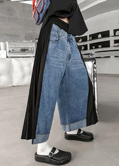 Modern Blue Wrinkled Elastic Waist Patchwork Denim Crop Pants Fall